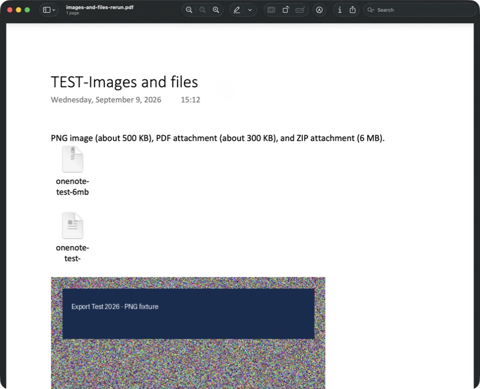 Preview shows the exported OneNote page with two attachment icons and the inserted PNG image.