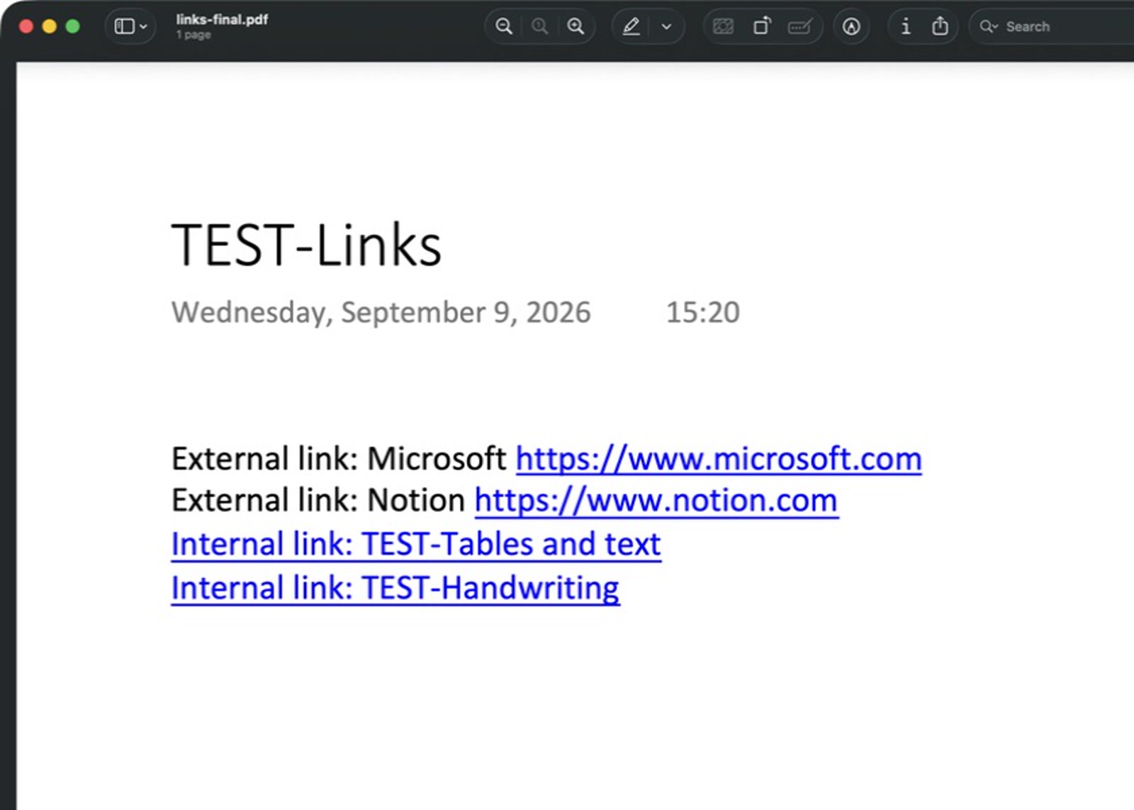 Preview shows blue underlined OneNote page-link text that does not open another page.