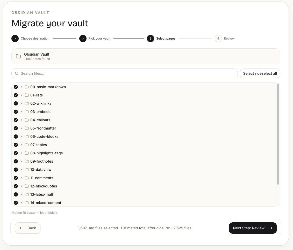 Note Bridge — Escolher notas para migrar