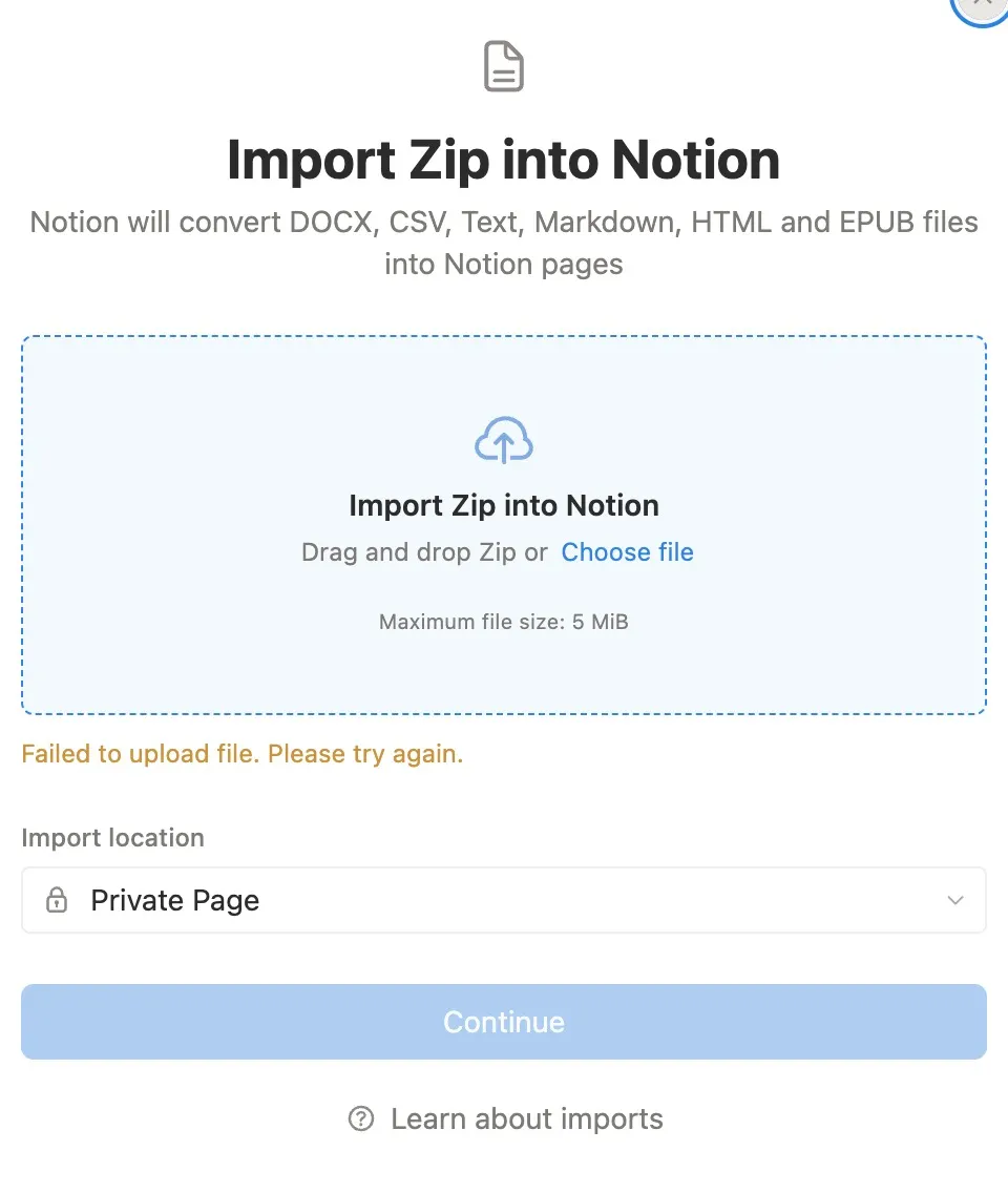 Hộp thoại nhập Zip của Notion — giới hạn 5 MB