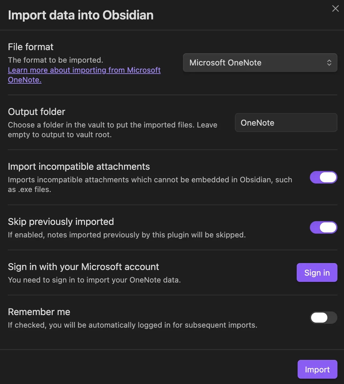 Hộp thoại Obsidian Importer với Microsoft OneNote được chọn làm định dạng