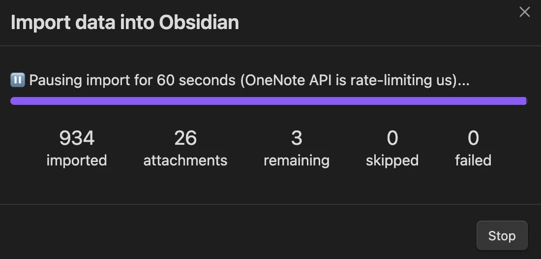 Obsidian đang nhập — 934 trang đã nhập, tạm dừng do giới hạn tốc độ API OneNote